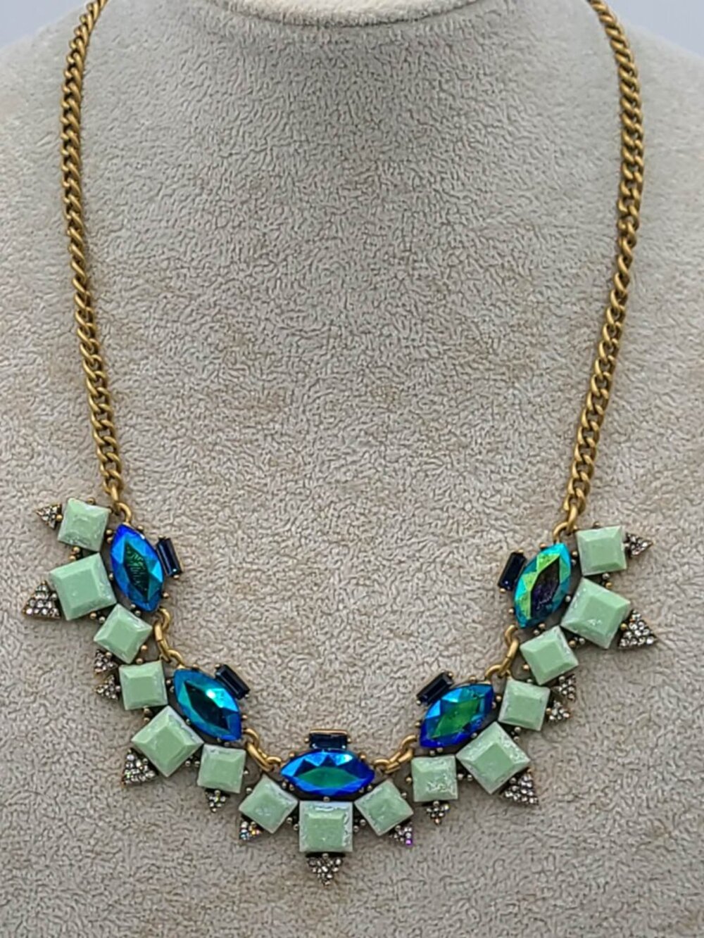 J Crew Mint Resin AB Blue Crystal Gold Tone Necklace